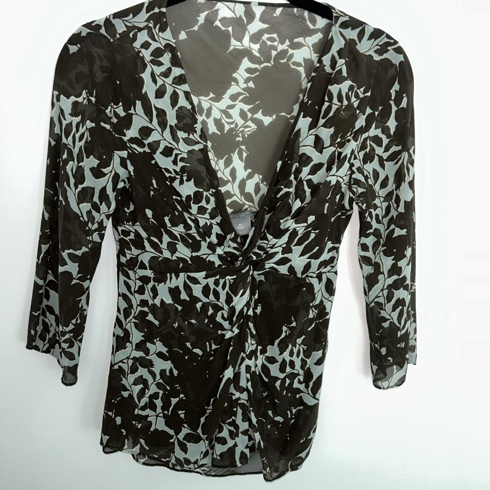 Ann Taylor 100% Silk Tank Style Blouse‎ V-Neck Sheer Long Sleeve OP Brown Floral